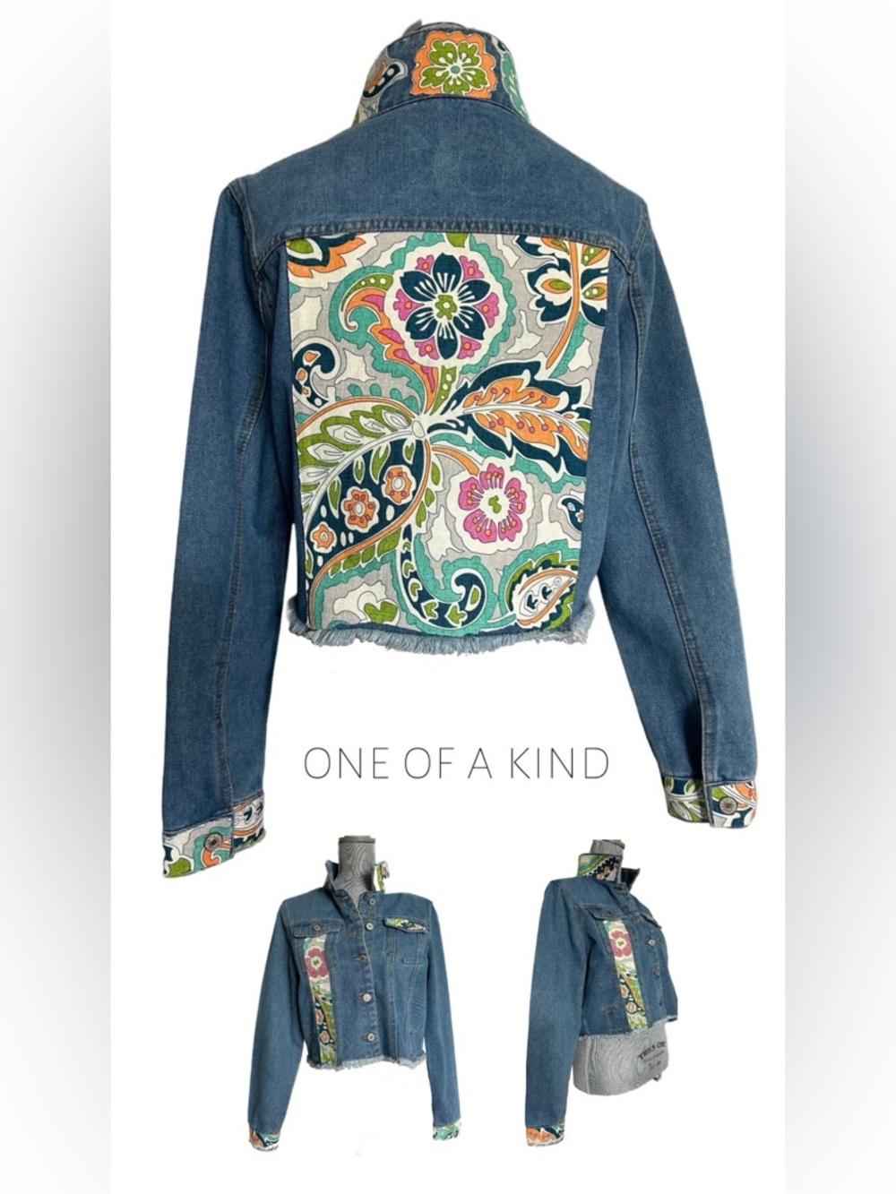 Denim Cropped Jean Jacket Upworked Floral Paisley Size S/M
